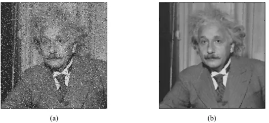 Figura 2.23: a) imagem original com a adição de ruído sal-e-pimenta; b) imagem  restaurada com filtro mediano de 3x3
