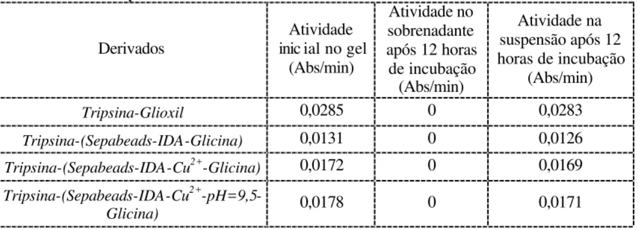 Tabela 4.2: Avaliação do enlace enzima-suporte estabelecido. Incubação dos derivados  em NaCl 400mM por 12 horas