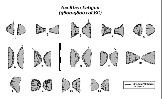 FIGURA 6. Geométricos de yacimientos del neolítico antiguo: 1-3 – La Draga; 4-5 – Cova del Frare; 6-9 – Cova del Vidre;