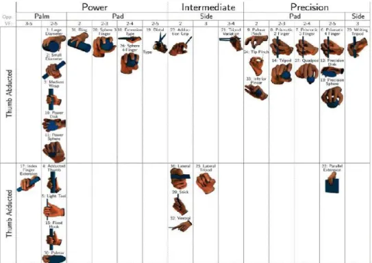 Figura 6. Taxonomia das Preensões. Caracterização das preensões tendo em conta a força  utilizada em cada uma, a superfície de contacto do dedo com o objeto, os vetores de força  envolvidos e a posição do polegar