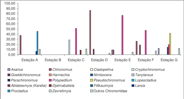Figura 10 – Participação relativa (%) das unidades taxonômicas de Chironomidae  nas estações A – G do rio Manguaba, AL, período de estiagem (2001 – 2002)