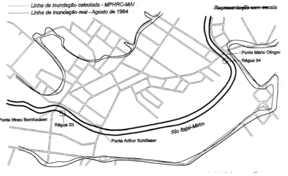 Figura 10 – Áreas de Inundação no rio Itajaí-Mirim em Brusque-SC  Fonte: Pires, pp 91 (1997)