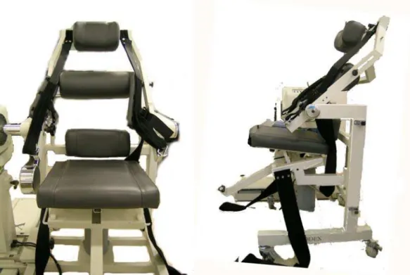 Figura 1.  Cadeira especial para avaliação do tronco no equipamento  Biodex Multi Joint System 3, nas vistas anterior e lateral