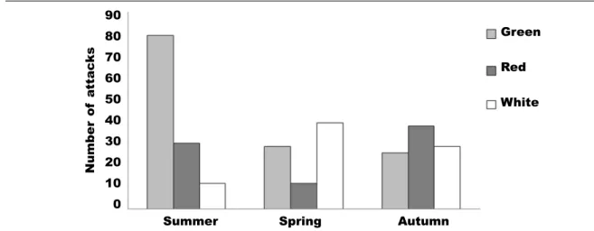 Fig. 2. Crypsis degree measured as number of attacks of the green, red and white artificial models over  the three backgrounds (autumn, spring and summer), which represents the seasonal change of the algae  A