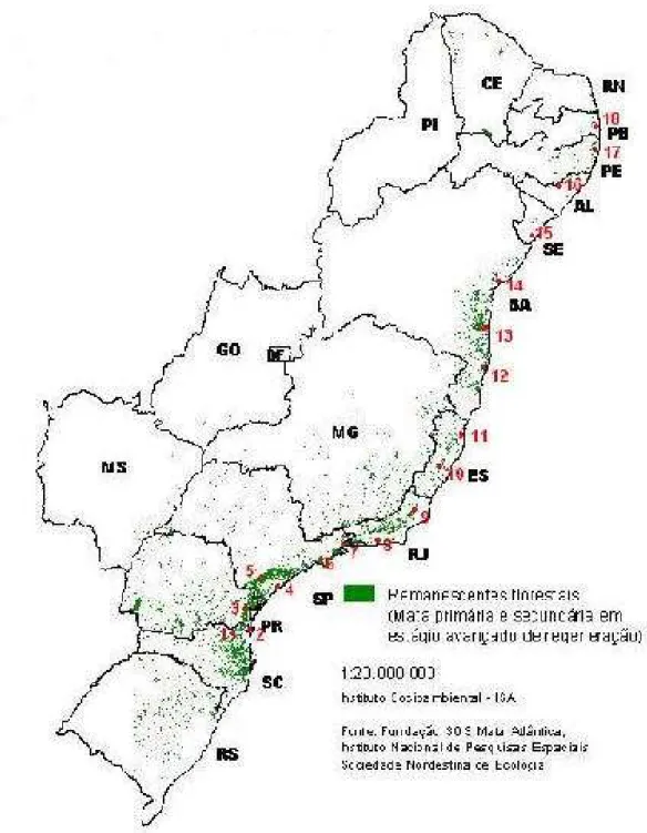 Figura 1. Remanescentes da Mata Atlântica no Brasil e localização dos dezoito  pontos amostrados