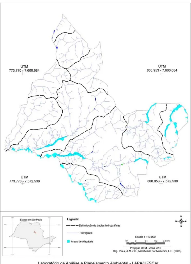 Figura 4:   Carta temática representando a hidrografia, as bacias hidrográficas e as  áreas alagáveis do município de Araraquara, SP