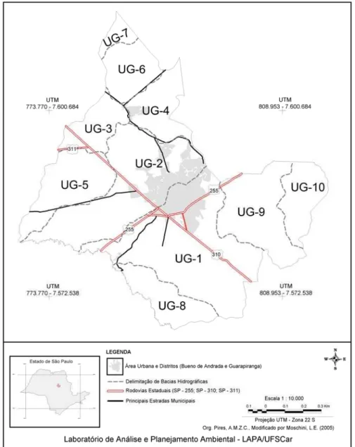 Figura 9:  Malha viária (estradas estaduais e municipais) sobreposta as unidades de  gerenciamento (UGs) representadas pelas bacias hidrográficas do  município de Araraquara, SP