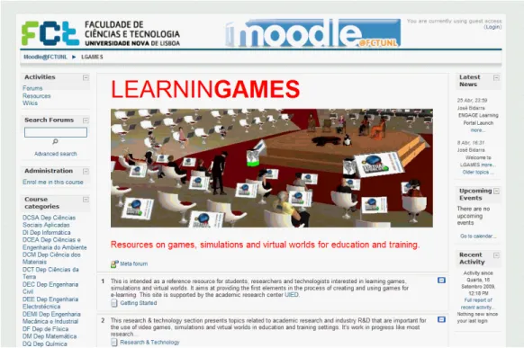 Figure 2. Site developed during this study - LEARNINGAMES at FCT-UNL: 