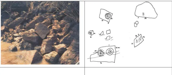 Figura 22: “Letreiro da Gaíva I”– Foto e croqui do que PARDI (1987) denominou de  primeira concentração de petroglifos