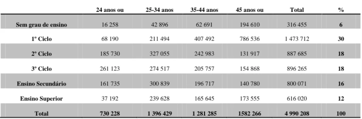 Tabela 2.6. População Activa Portuguesa (%), Segundo o Grupo Etário, por Níveis de Instrução  (2001) 