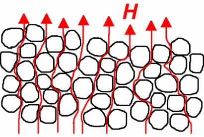Figura 13: Ilustração de grãos supercondutores, e região intergranular não  supercondutora de secção reta razoavelmente constante, penetrada por campo  magnético H