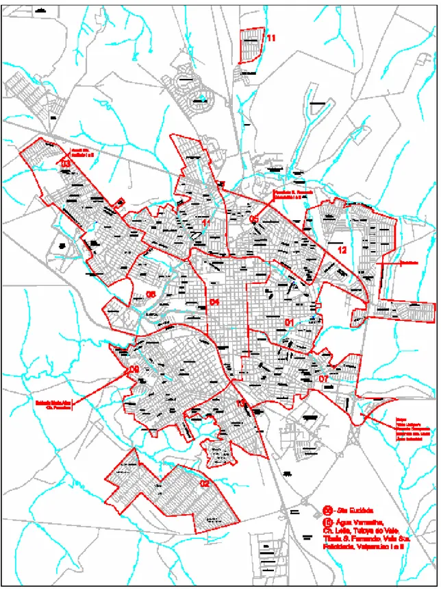 Figura 1 – Mapa da área urbana de São Carlos segundo divisão do Orçamento  Participativo da Prefeitura Municipal de São Carlos com localização dos depósitos  de sucata onde ocorreu a pesquisa