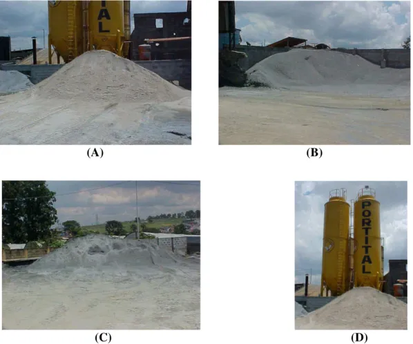 Figura 23: Os componentes utilizados na mistura são: (A) areia, (B) pedrisco,  (C) pó de pedra  e (D) cimento armazenado em silos 