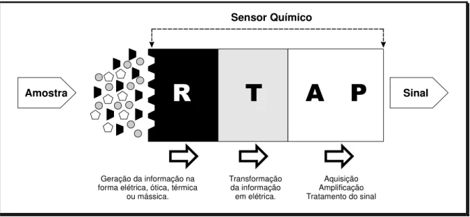 FIGURA  3.6.  Funcionamento  de  um  sensor  químico:  R:  elemento  de  reconhecimento;  T:  transdutor  elétrico;  A:  aquisição  e  amplificação  do  sinal;  P: 