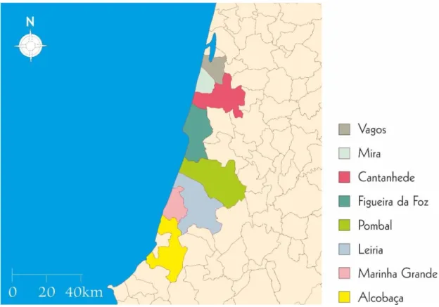 Figura 6. Concelhos que integram as Matas Litorais e concelhos contíguos confinantes com o litoral.