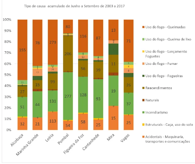 Figura 7.  Tipo de causas de incêndios e concelhos para o período de 2003-2017, durante os meses de  Junho a Setembro