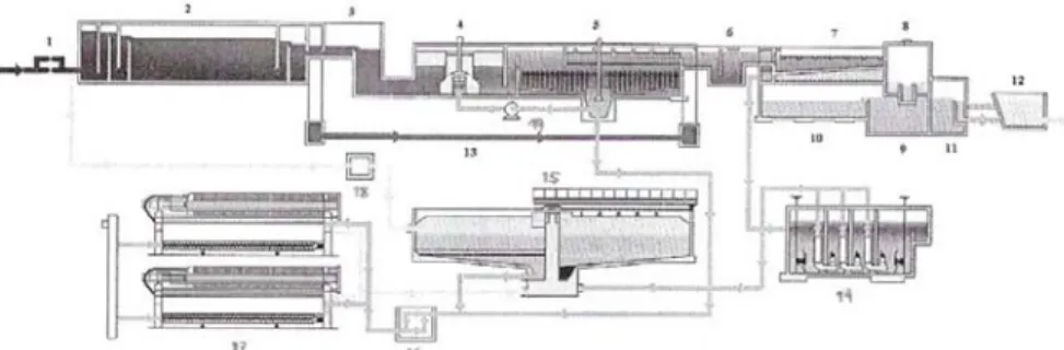 Figura 3 – Perfil hidráulico da ETA de Alcantarilha (in Águas do Algarve, 2007)  Legenda:  1 – Câmara de válvulas  2 – Câmaras de contacto  3 – Distribuidores de caudais  4 – Câmaras de floculação  5 – Decantadores/ Espessadores  6 – Câmaras de coagulação 