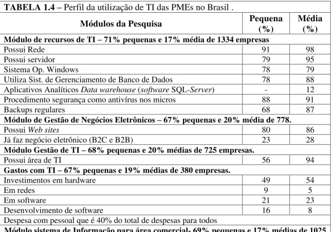 TABELA 1.4  Perfil da utilização de TI das PMEs no Brasil . 