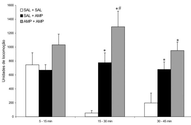 Figura 3 - Os histogramas representam a atividade locomotora após  injeções de salina ou anfetamina 1,0 mg/Kg em ratos adolescentes 3 dias após a  interrupção do tratamento com anfetamina (5,0 mg/Kg, i.p.) ou salina durante 7  dias consecutivos