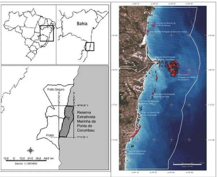 Figura 1: Localização geográfica e delimitação da Reserva Extrativista Marinha da Ponta  do Corumbau (à esquerda) e mapeamento da área recifal (à direita), realizado por  MMA/SBF (2003)