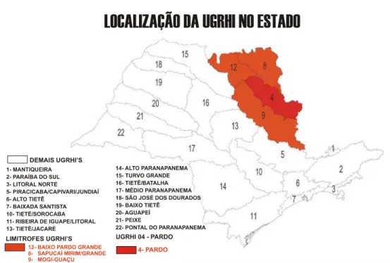 Figura 15 - Localização da Bacia do Pardo (UGRH-4) e das demais UGRHIs do  Estado de São Paulo,  com indicação das URGHIs limítrofes, ITP, 2000a