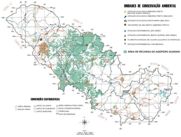 Figura 16 - Unidades de conservação ambiental e área de recarga do Aqüífero Guarani. 