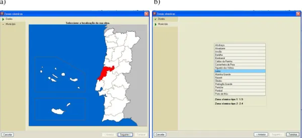 Figura 26 - a) Zona Sísmica consoante o distrito; b) Zona Sísmica consoante o município;  