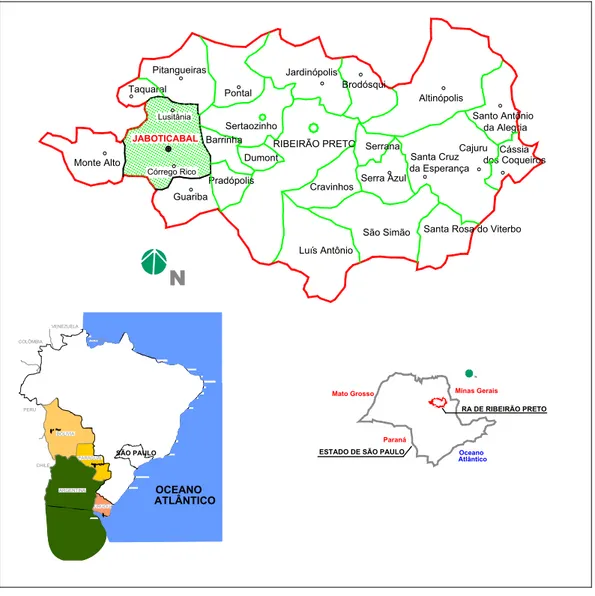 Figura 04. Mapa: localização município de Jaboticabal na Região Administrativa  de Ribeirão Preto e os municípios vizinhos