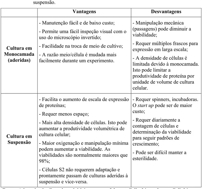 Tabela 2.6. Vantagens e desvantagens para os métodos de cultura em monocamada e  suspensão
