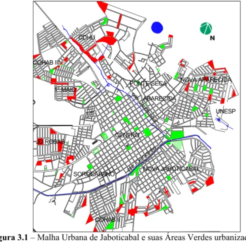 Figura 3.1 – Malha Urbana de Jaboticabal e suas Áreas Verdes urbanizadas (verde)  e não-urbanizadas (vermelho) 