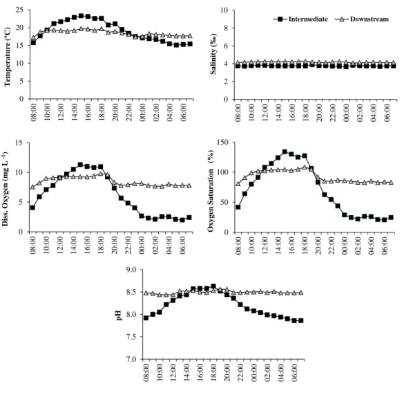 Figure 2.17 - Daily variation of physical and chemical water parameters (temperature, salinity,  pH, dissolved oxygen and oxygen saturation) during spring (May 2002) in the intermediate and  downstream sampling stations from Salgados coastal lagoon