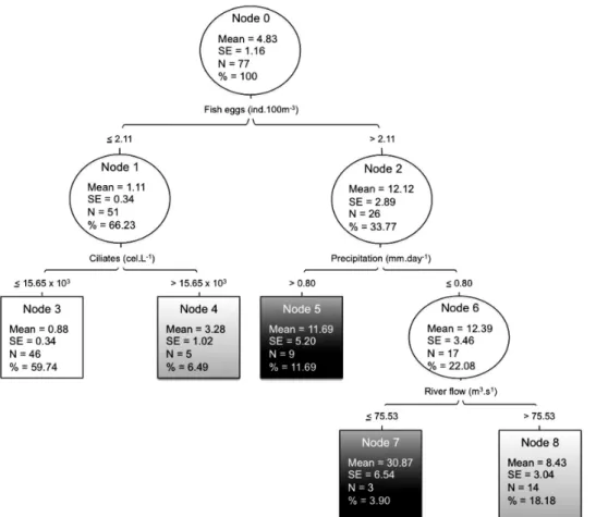 Fig. 6. – Single-target DT predicting the abundance of fish larvae along the Lezíria salt marsh creek