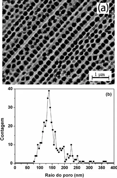 Figura 19 : (a) Micrografias do eletrodo S04 anodizado à temperatura ambiente por 90 min em 0,1 M H 3 PO 4
