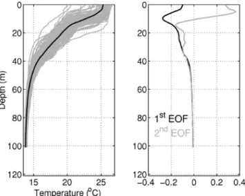 FIG. 8. CTD-based data used for temperature estimation taken during 16, 17, and 19 June Temperature profiles with mean profile in solid black 共 left 兲 and representative empirical orthogonal functions 共 EOF 兲 computed from the temperature profiles 共 right 
