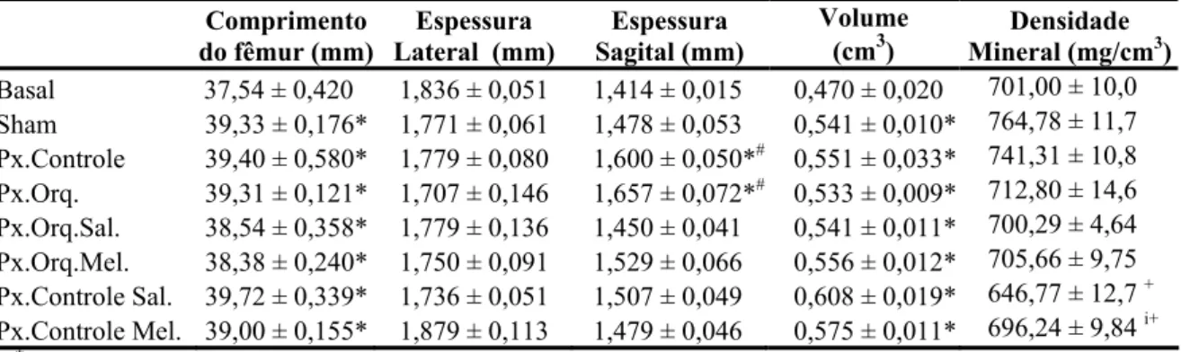 Tabela 2: Valores de parâmetros físicos e biométricos do fêmur direito de ratos dos  diferentes grupos experimentais (Média ± EPM) 