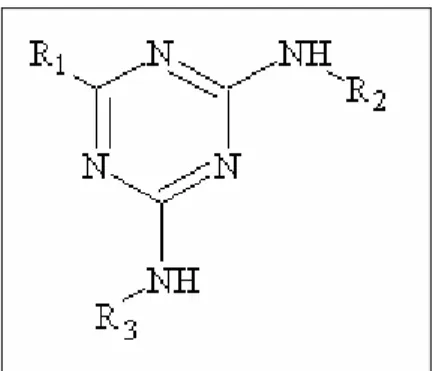 Figura 1.10 - Estrutura básica das s-triazinas com grupos na posição 2 (R 1 ), 4 (R 2 ) e 6  (R 3 )