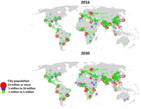 Figure 1.1: Cities with one million or more inhabitants, in 2016 and projections for 2030