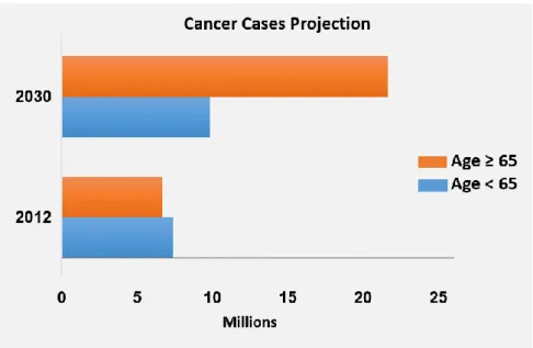 Figure 1.5: Projection of cancer cases between 2012 and 2030 (millions of people). All types  of cancer are considered with exception of non-melanoma skin cancer (Ferlay et al., 2015)
