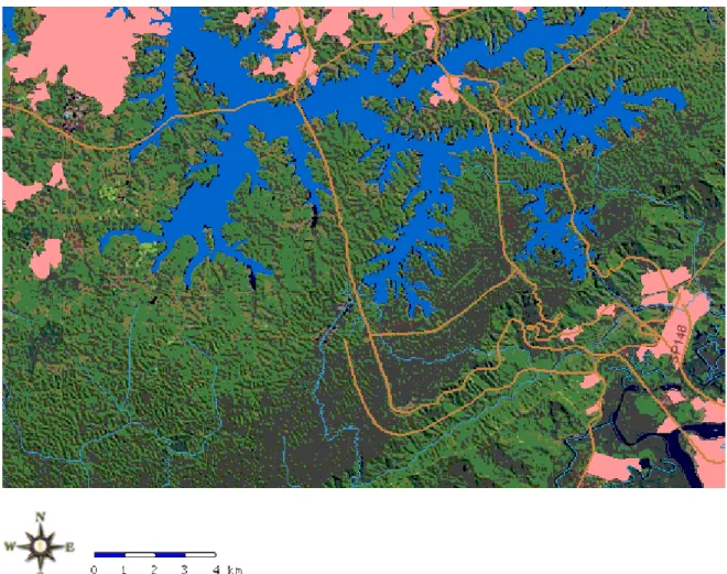 Figura 2. Vista em detalhes da região de Cubatão, onde o grande corredor de mata Atlântica  sofre um drástico afunilamento causado pelas cidades (em vermelho), represamentos (em azul)  e pelas rodovias (representadas por traços de cor laranja)