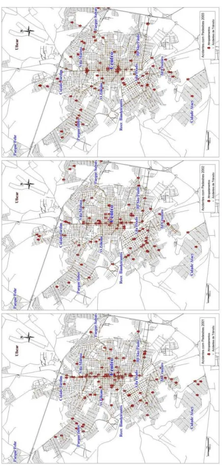 FIGURA 8 - Localização dos Atropelamentos de Pedestres em S.Carlos - 2001 a 2003 