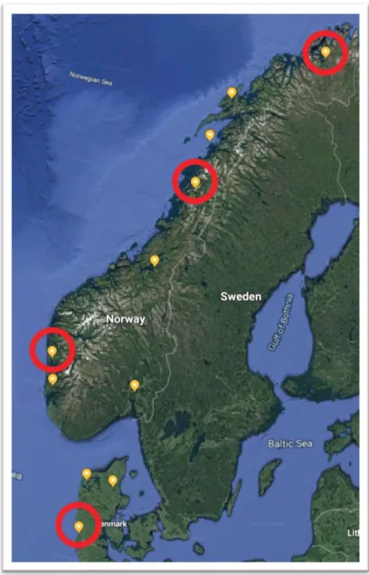 Figure 3.1. Map of all threespine stickleback locations sampled; red circles indicate the  populations used for gene expression analyses