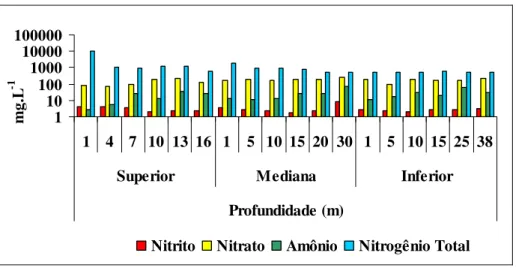 Figura 25. Variação dos valores de concentração dos compostos nitrogenados na água  (µg.L -1 ), em relação à profundidade,  em três transectos correspondentes às porções  superior, mediana e inferior do reservatório de Três Irmãos, em novembro de 2002 (em 