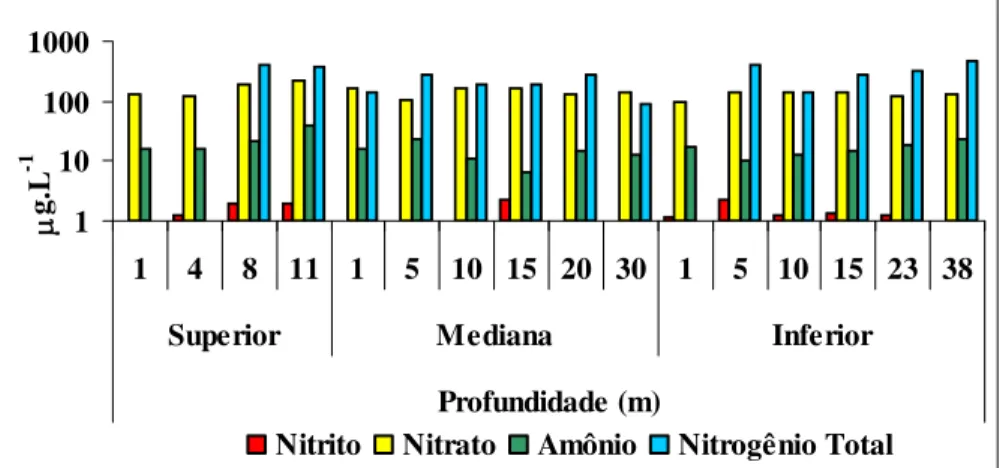 Figura 26. Variação dos valores de concentração dos compostos nitrogenados na água  (µg.L -1 ), em relação à profundidade em três transectos correspondentes às porções superior,  mediana e inferior do reservatório de Três Irmãos, em agosto de 2003 (em esca