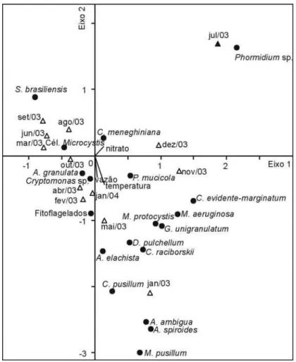 Figura 7. Ordenação das espécies abundantes e das coletas mensais pela CCA, nos eixos 1 e 2