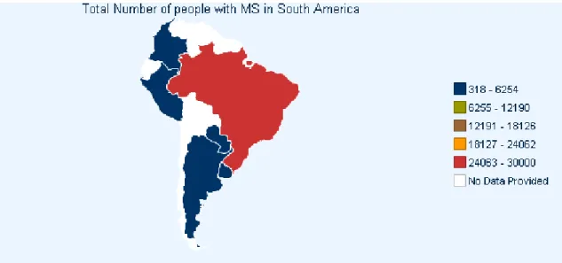 Figura 3.5: Número de indivíduos na América do Sul com Esclerose Múltipla (EM) em 2006  [49]