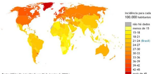 Figura 3.6: Incidência da Esclerose Múltipla em todo o Mundo em 2010  [55]