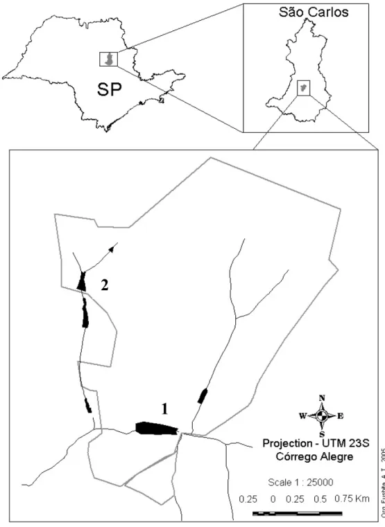 Figura 1 – Localização da área de estudo, 1-Represa do Monjolinho, 2-Represa do  Fazzari, campus da Universidade Federal de São Carlos, São Carlos, SP.