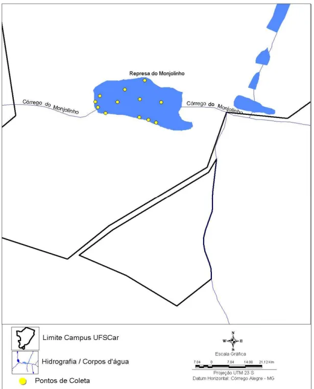 Figura 2 – Mapa apresenta a localização dos pontos de coleta na Represa do  Monjolinho (São Carlos, SP)