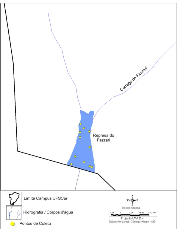 Figura 3 – Mapa apresenta a localização dos pontos de coleta na Represa do  Fazzari (São Carlos, SP)