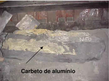 Figura 4.8 Laminação do bloco catódico ocasionada pela infiltração de metal  em seu interior e formação do carbeto de alumínio